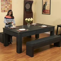 Hathaway Park Avenue 7-ft Pool Table Tennis Combination with Dining Top, Two Storage Benches – Black and Red Felt