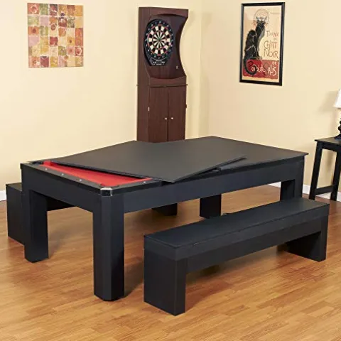 Hathaway Park Avenue 7-ft Pool Table Tennis Combination with Dining Top, Two Storage Benches – Black and Red Felt