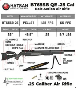 Hatsan BT65SB QE .25 Caliber PCP Bolt Action Air Rifle Bundle with 150 Pellets and Wearable4U Cloth Black
