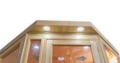 Heat Wave 3 Person Sauna Corner Fitting Infrared FIR FAR 7 Carbon Heaters Hemlock Wood MP3 Player 2 Speakers Color Therapy Light LED Control Panel Wood