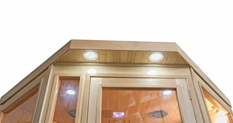 Heat Wave 3 Person Sauna Corner Fitting Infrared FIR FAR 7 Carbon Heaters Hemlock Wood MP3 Player 2 Speakers Color Therapy Light LED Control Panel Wood