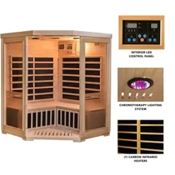 Heat Wave 3 Person Sauna Corner Fitting Infrared FIR FAR 7 Carbon Heaters Hemlock Wood MP3 Player 2 Speakers Color Therapy Light LED Control Panel Wood