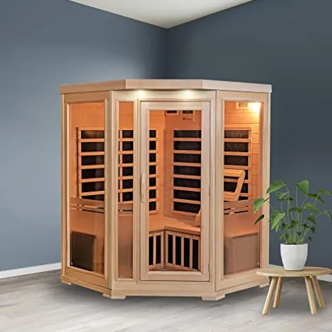 Heat Wave 3 Person Sauna Corner Fitting Infrared FIR FAR 7 Carbon Heaters Hemlock Wood MP3 Player 2 Speakers Color Therapy Light LED Control Panel Wood