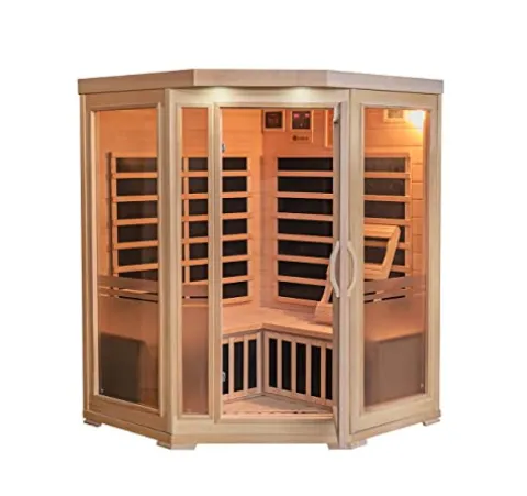 Heat Wave 3 Person Sauna Corner Fitting Infrared FIR FAR 7 Carbon Heaters Hemlock Wood MP3 Player 2 Speakers Color Therapy Light LED Control Panel Wood