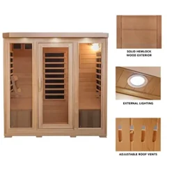 Heat Wave 4 Person Sauna Hemlock Wood Sonoma 9 Carbon Infrared Heaters MP3 Player Chromo Therapy Lighting 120V 2100W Wood