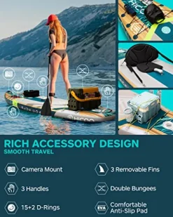 HICOO Inflatable Paddle Board with Kayak Seat, Double Blade Paddle, Waterproof Bag – Wooden Dark Blue