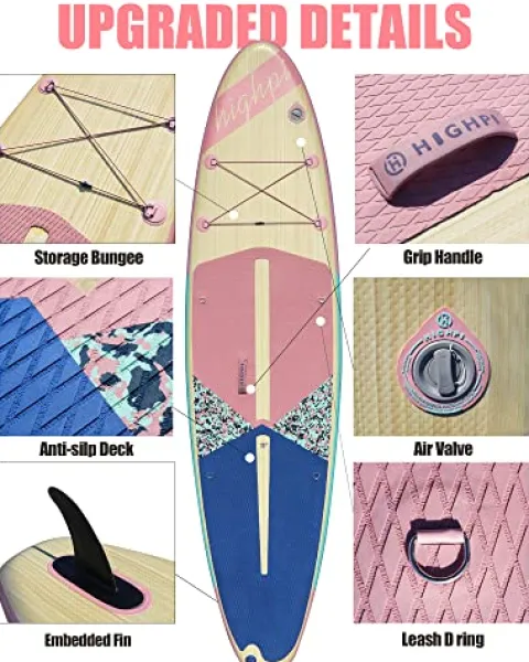 Highpi Inflatable Stand Up Paddle Board Vertically Center-Folded SUP Pink Wood