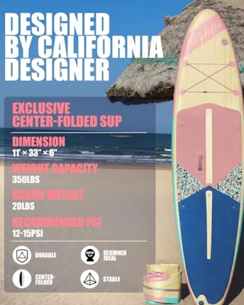 Highpi Inflatable Stand Up Paddle Board Vertically Center-Folded SUP Pink Wood