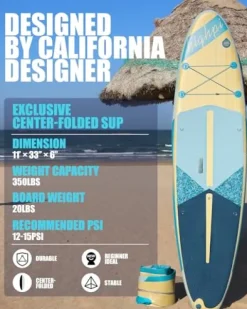 Highpi Inflatable Stand Up Paddle Board 11’x33”x6” Vertically Center-Folded SUP Blue Wood