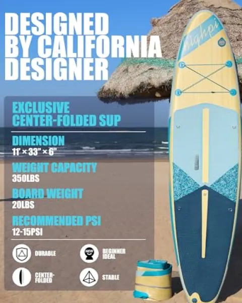 Highpi Inflatable Stand Up Paddle Board 11’x33”x6” Vertically Center-Folded SUP Blue Wood