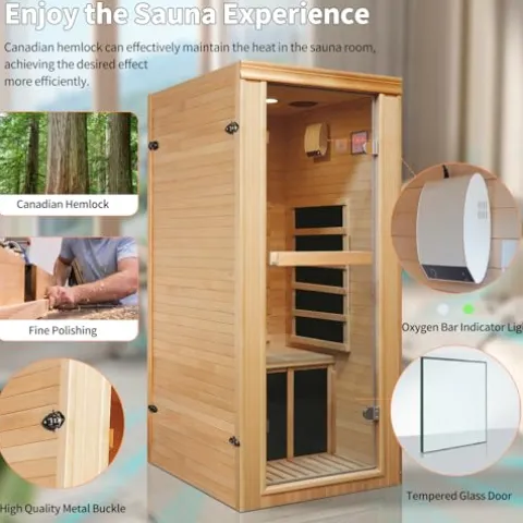 HOSAUNA 1 Person Infrared Sauna Hemlock Wood with LCD Control 980W Indoor