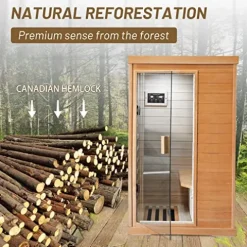 HOSAUNA Far Infrared Sauna 1-Person Canadian Hemlock Wood Indoor Spa 800W