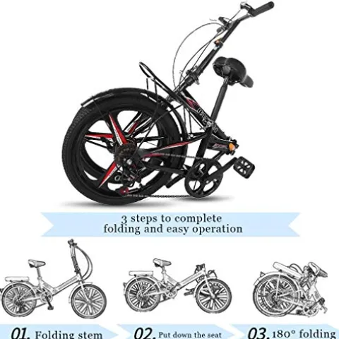 HUUH Folding Bikes for Adults 20″ 7 Speed City Folding Compact Bike Bicycle Urban Commuter Black
