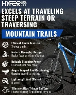 Hyper Mountain Bike 29 Inch Trail Bike with Shimano 9 Speed Shifters and Lightweight Aluminum Frame (Blue)
