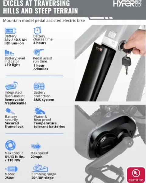 Hyper Toy Company Hyper E-Ride Electric Mountain Bike for Adults 29 Inch Matte Grey