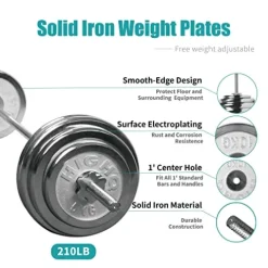 IFAST Barbell Weight Set 210 LBs Adjustable Chrome Cast Plates Squat Deadlift Home Gym – Men & Women