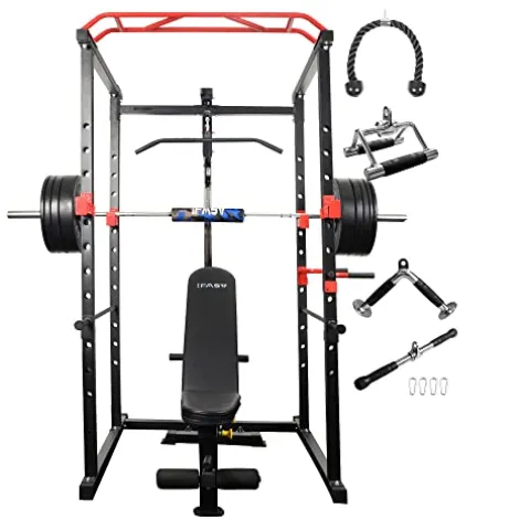 IFAST Power Cage LAT Pull Down System Full Body Workout Equipment with 230lbs Weight Plates and 7FT Barbell
