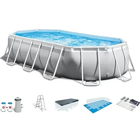 Intex Oval Above Ground Swimming Pool Set Gray Blue