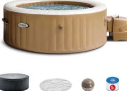 Intex PureSpa Bubble Massage Inflatable Hot Tub Set, 6 Person, Tan