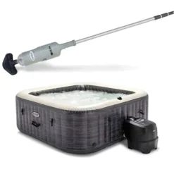 Intex Rechargeable Handheld Pool Vacuum Cleaner with 2 Brush Heads and PureSpa Plus 6 Person Inflatable Square Hot Tub with 170 AirJets Gray