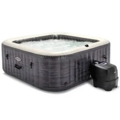 Intex Rechargeable Handheld Pool Vacuum Cleaner with 2 Brush Heads and PureSpa Plus 6 Person Inflatable Square Hot Tub with 170 AirJets Gray