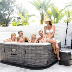 Intex Rechargeable Handheld Pool Vacuum Cleaner with 2 Brush Heads and PureSpa Plus 6 Person Inflatable Square Hot Tub with 170 AirJets Gray