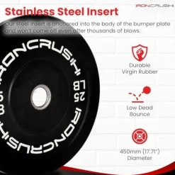 Iron Crush Olympic Bumper Plate Sets – Premium Virgin Rubber Weights for Strength Training – Compatible with 2″ Barbells 250LB