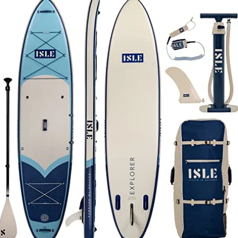 ISLE Surf and SUP Explorer Inflatable Stand Up Paddle Board & iSUP Bundle Accessory Pack, Aqua/Navy