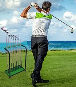 IxapA Freestanding Golf Club Display Stand Rack For Outside/Inside, Steel Golf Putter Rack For Family Club Placement, Golf Clubs Shelf Organizer Equipment Storage – Hold 9 Golf Clubs