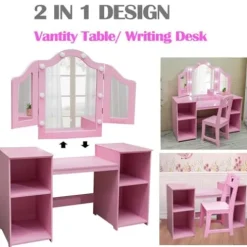 JoanKaren Kids Vanity Table 2-in-1 Princess Makeup Desk with Touch Light Pink With Crown