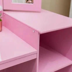 JoanKaren Kids Vanity Table 2-in-1 Princess Makeup Desk with Touch Light Pink With Crown