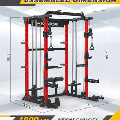 KABOR Power Cage 1800lbs Multi-Functional Power Rack with Dual Pulley System and Leg Holder TL100 Red
