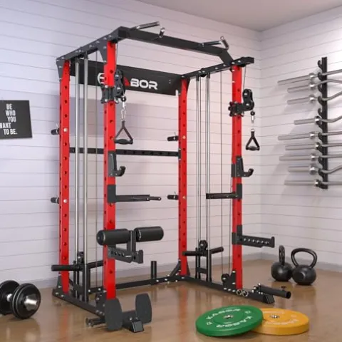 KABOR Power Cage 1800lbs Multi-Functional Power Rack with Dual Pulley System and Leg Holder TL100 Red