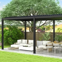 Kaimei Aluminum Pergola with Tilting Steel Louvers 10x19FT Outdoor Patio Cover Black