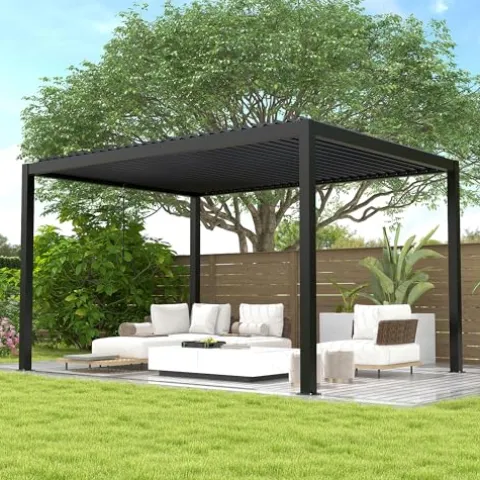 Kaimei 10x13FT Aluminum Pergola with Adjustable Louvered Roof Black