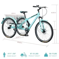 KOZYSFLER Adult Tricycle 7-Speed with 26-Inch Wheels, Wide Saddle, Rear Basket Green