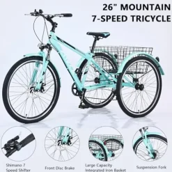 KOZYSFLER Adult Tricycle 7-Speed with 26-Inch Wheels, Wide Saddle, Rear Basket Green