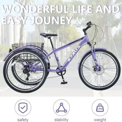 KOZYSFLER Ultimate Comfort 7-Speed Adult Tricycle 26-Inch Wheels Purple