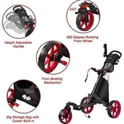 KVV 3 Wheel 360 Rotating Front Wheel Foldable/Collapsible Golf Push Cart Red/Black