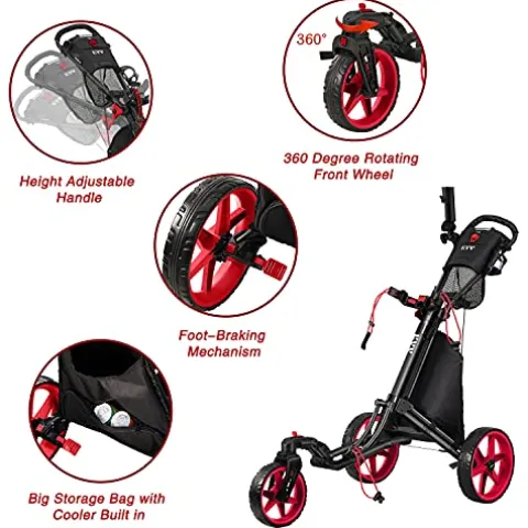 KVV 3 Wheel 360 Rotating Front Wheel Foldable/Collapsible Golf Push Cart Red/Black