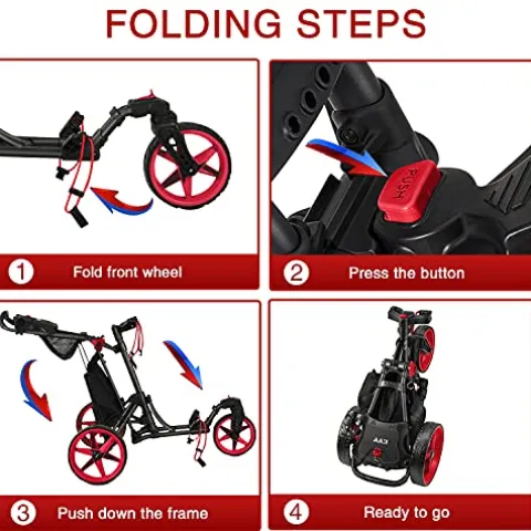 KVV 3 Wheel 360 Rotating Front Wheel Foldable/Collapsible Golf Push Cart Red/Black