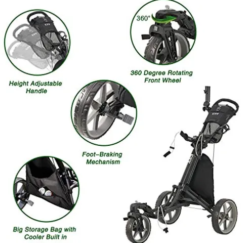 KVV 3 Wheel 360 Rotating Front Wheel Foldable Golf Push Cart Black/Charcoal