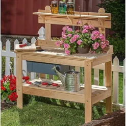 Lehman’s Outdoor Gardening Potting Table Workstation Cypress Wood Brown