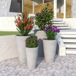 LeisureMod Pebble 4-Piece Fiberstone and MGO Clay Planter Set Mid-Century Modern Gray