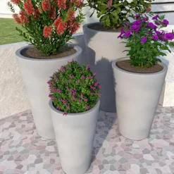 LeisureMod Pebble 4-Piece Fiberstone and MGO Clay Planter Set Mid-Century Modern Gray