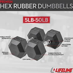 Lifeline Hex Rubber Dumbbell Fitness Training Weight Set Black/Chrome