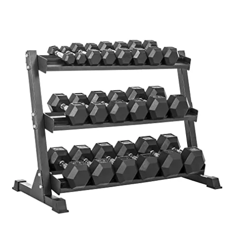Lifeline Hex Rubber Dumbbell Set with Weight Rack Black