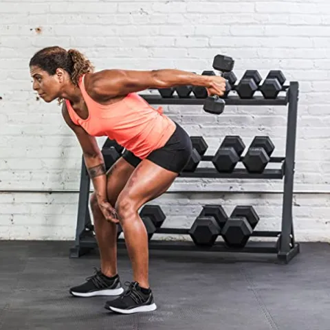 Lifeline Hex Rubber Dumbbell Set with Weight Rack Black