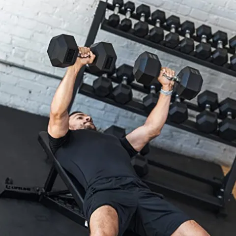 Lifeline Hex Rubber Dumbbell Set with Weight Rack Black