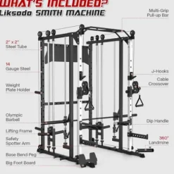 Liksodo Smith Machine 2000LBS Squat Rack with LAT-Pull Down & Cable Crossover White